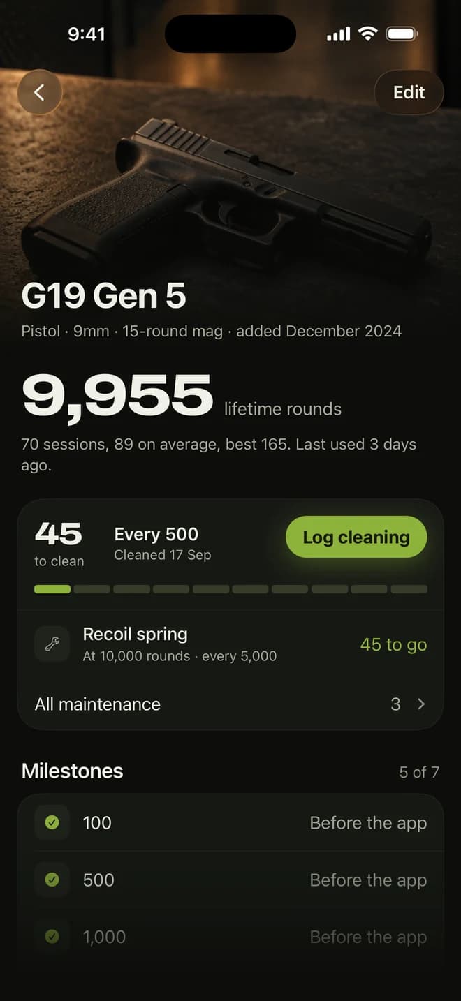 A firearm profile: 9,955 lifetime rounds, cleaning due in 45, recoil spring at 10,000