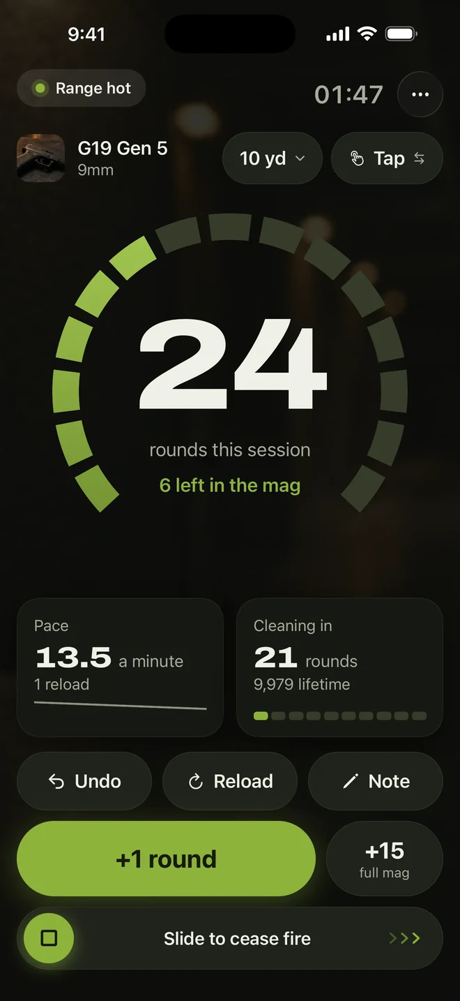 A live session: 24 rounds this session, 6 left in the mag, with pace and cleaning countdown