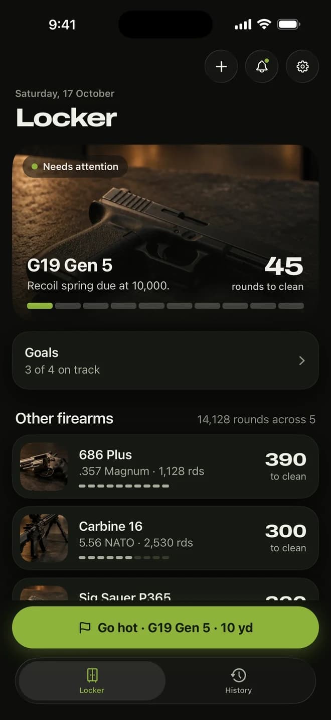 The Locker: a G19 Gen 5 with 45 rounds to clean, and four other firearms with their counts