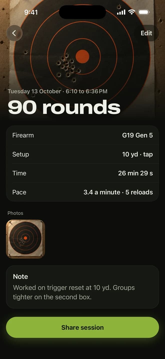A saved session: 90 rounds at 10 yards with a target photo and a note